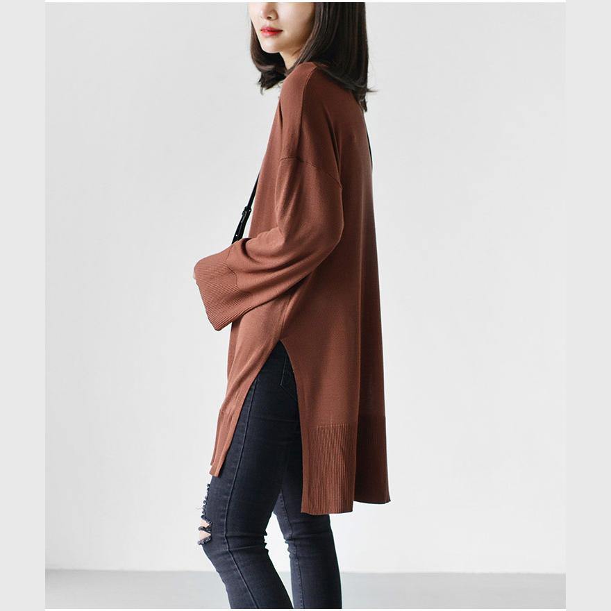brick red casual long knit blouse women tops oversize clothing - Omychic