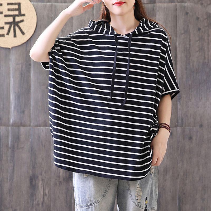 brief cotton blended blouses casual Women Loose Stripe Hoodies Casual Pullover Tops - Omychic