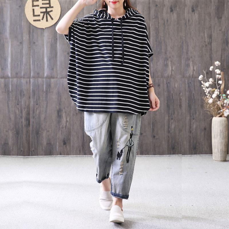 brief cotton blended blouses casual Women Loose Stripe Hoodies Casual Pullover Tops - Omychic