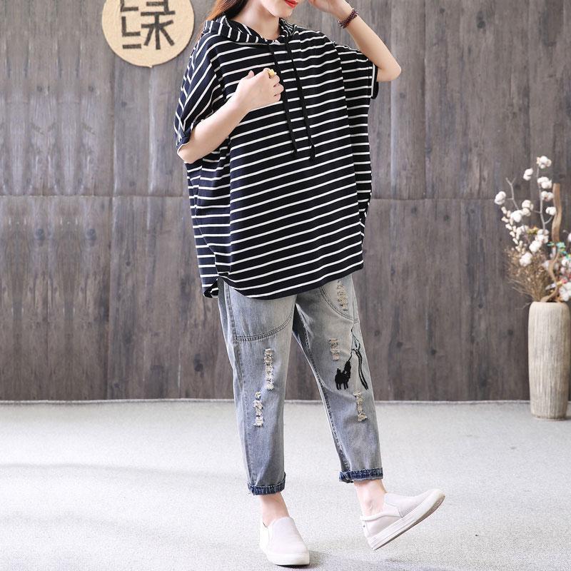 brief cotton blended blouses casual Women Loose Stripe Hoodies Casual Pullover Tops - Omychic