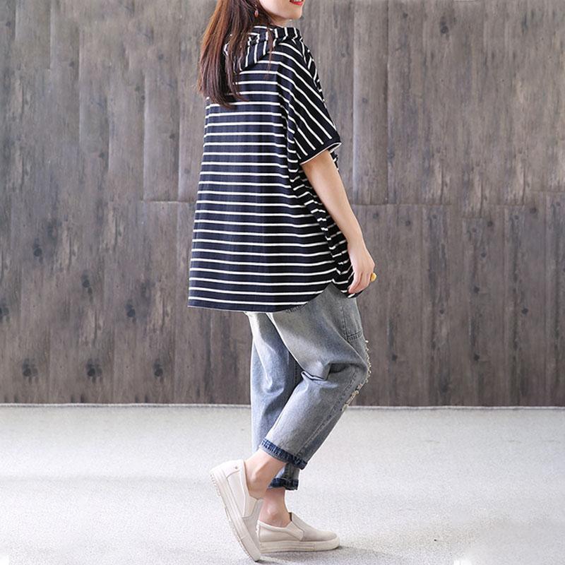 brief cotton blended blouses casual Women Loose Stripe Hoodies Casual Pullover Tops - Omychic