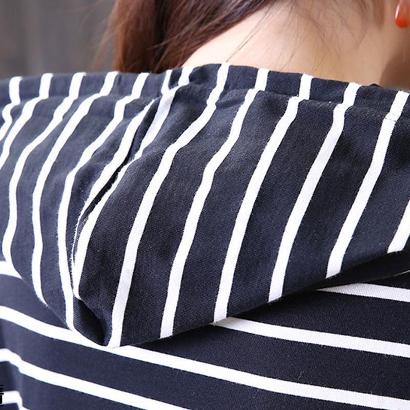 brief cotton blended blouses casual Women Loose Stripe Hoodies Casual Pullover Tops - Omychic