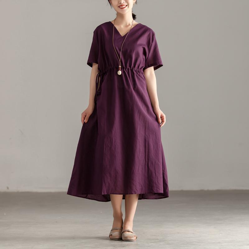 brief cotton dresses plus size Women V Neck Short Sleeve Lacing Purple Dress - Omychic