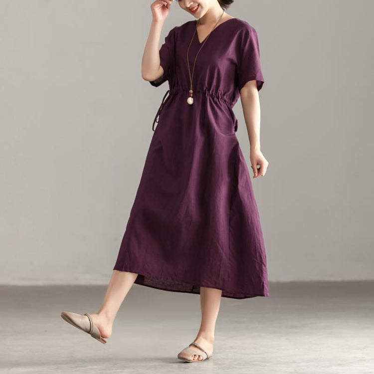 brief cotton dresses plus size Women V Neck Short Sleeve Lacing Purple Dress - Omychic