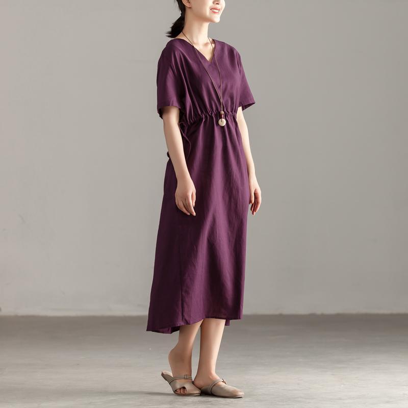 brief cotton dresses plus size Women V Neck Short Sleeve Lacing Purple Dress - Omychic