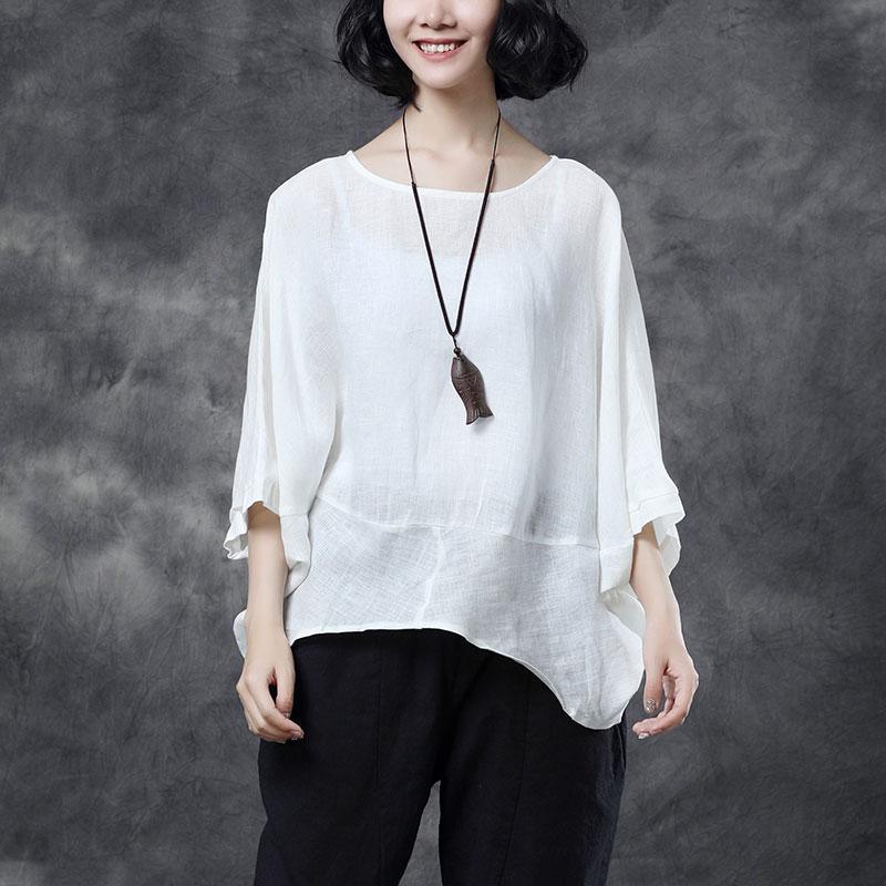 brief cotton linen blouse oversized Women Short Sleeve White Casual Summer Blouse - Omychic