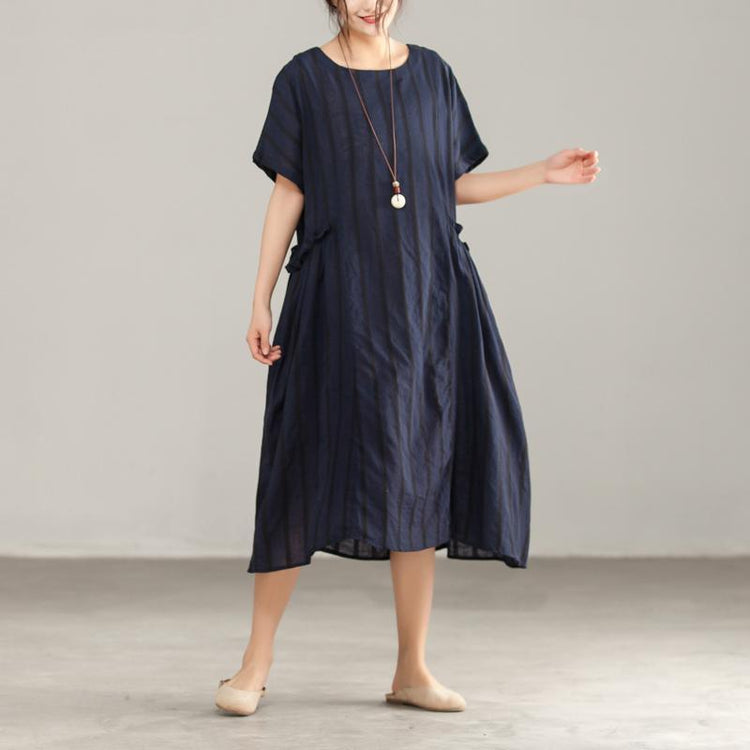 brief cotton linen dresses trendy plus size Stripe Round Neck Shoulder Sleeve Cotton Linen Dress - Omychic