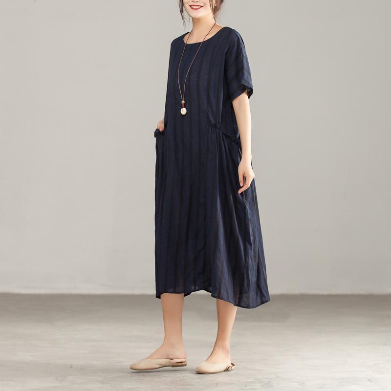 brief cotton linen dresses trendy plus size Stripe Round Neck Shoulder Sleeve Cotton Linen Dress - Omychic