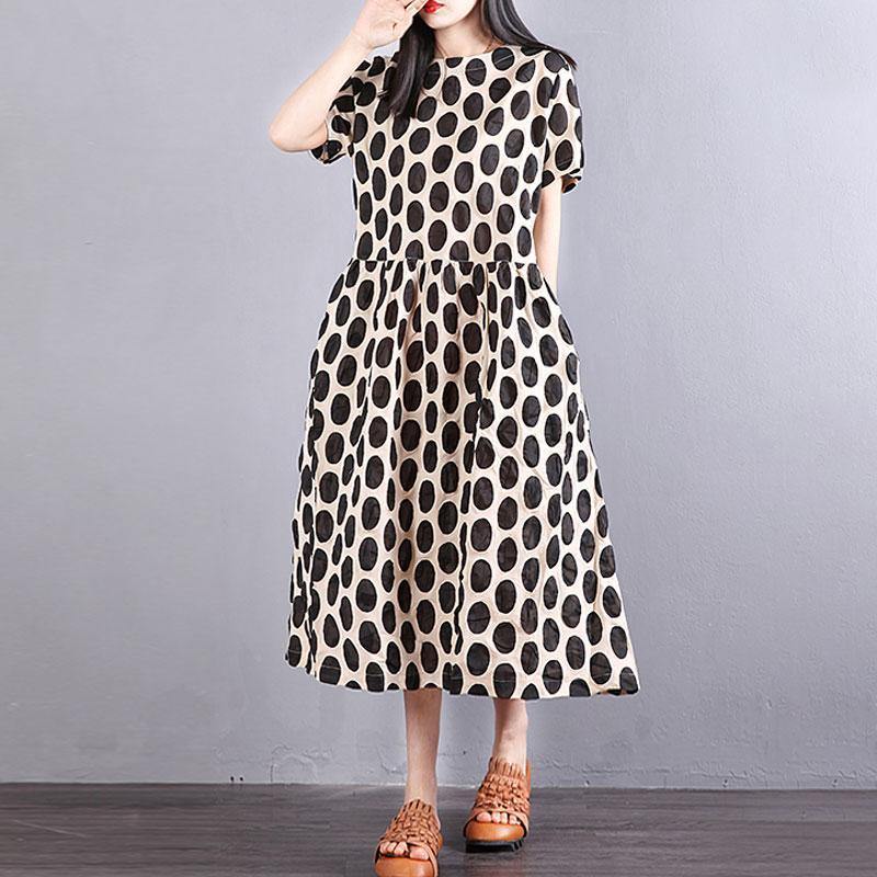 brief cotton summer dress Loose fitting Women Cotton Short Sleeve Black Dots Pullover Dress - Omychic
