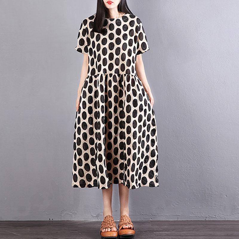 brief cotton summer dress Loose fitting Women Cotton Short Sleeve Black Dots Pullover Dress - Omychic