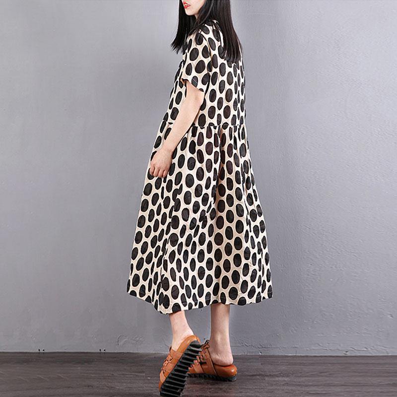 brief cotton summer dress Loose fitting Women Cotton Short Sleeve Black Dots Pullover Dress - Omychic
