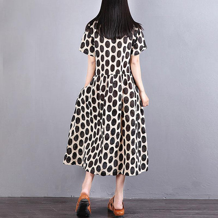 brief cotton summer dress Loose fitting Women Cotton Short Sleeve Black Dots Pullover Dress - Omychic