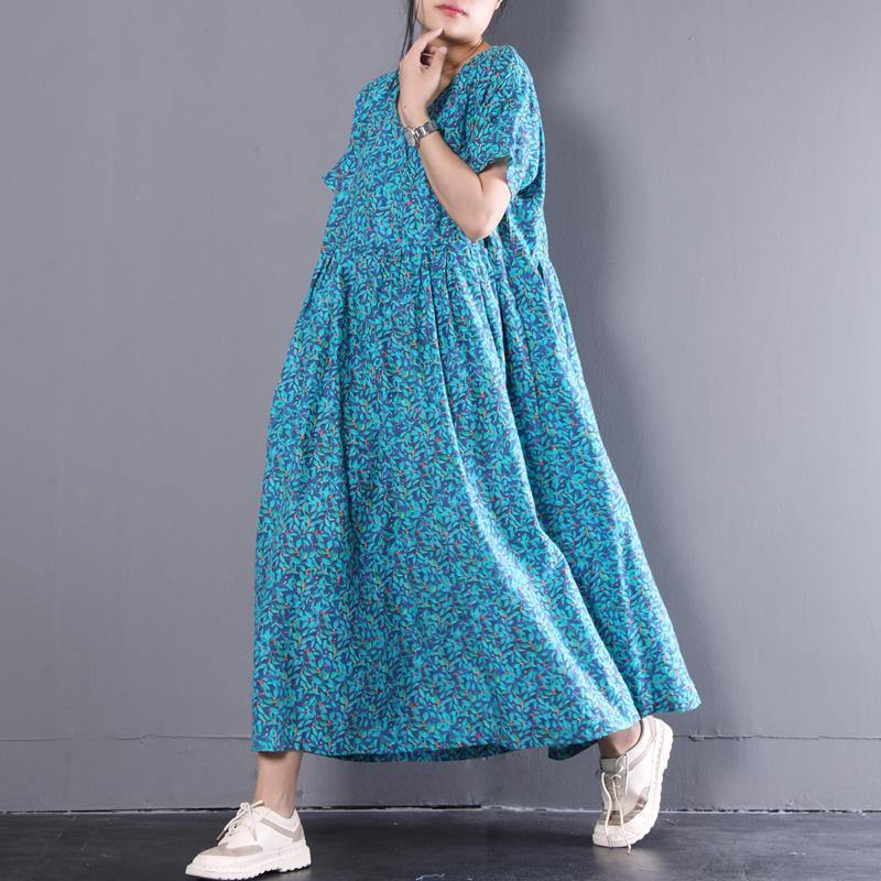 brief linen dress plus size clothing Linen Blue Flower V-Neck Short Sleeve Printing Dress - Omychic