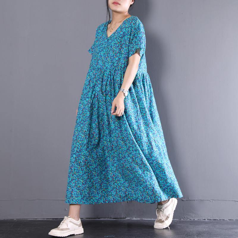 brief linen dress plus size clothing Linen Blue Flower V-Neck Short Sleeve Printing Dress - Omychic