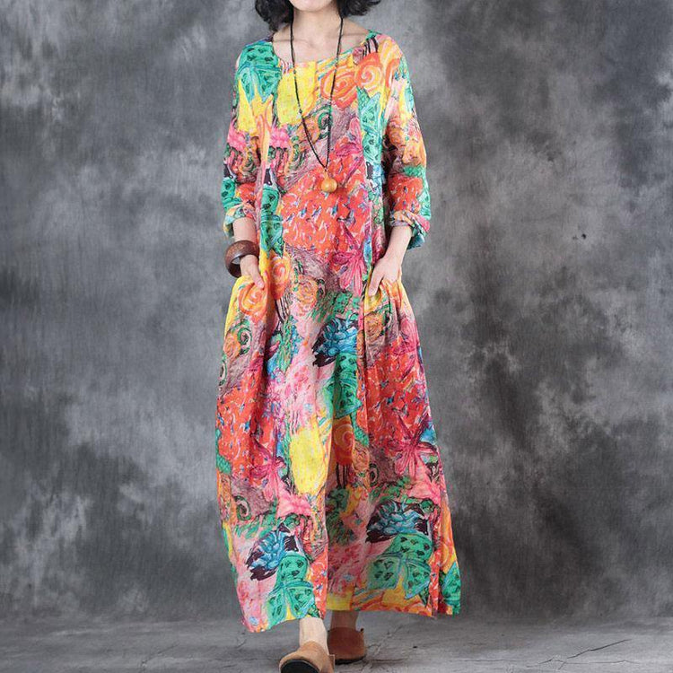 brief linen sundress trendy plus size Women Round Neck Colorful Printed Flax Dress - Omychic