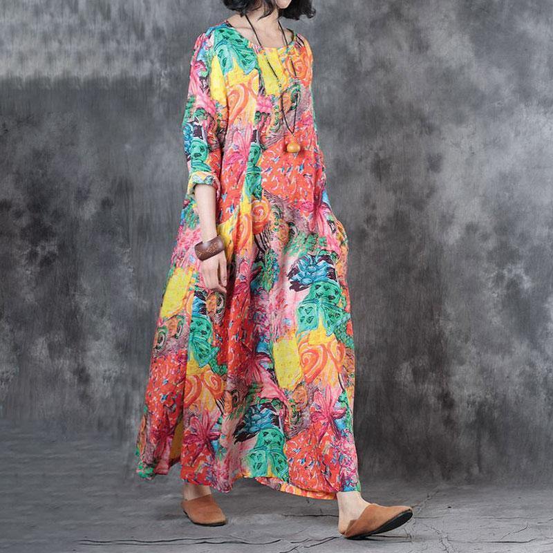 brief linen sundress trendy plus size Women Round Neck Colorful Printed Flax Dress - Omychic