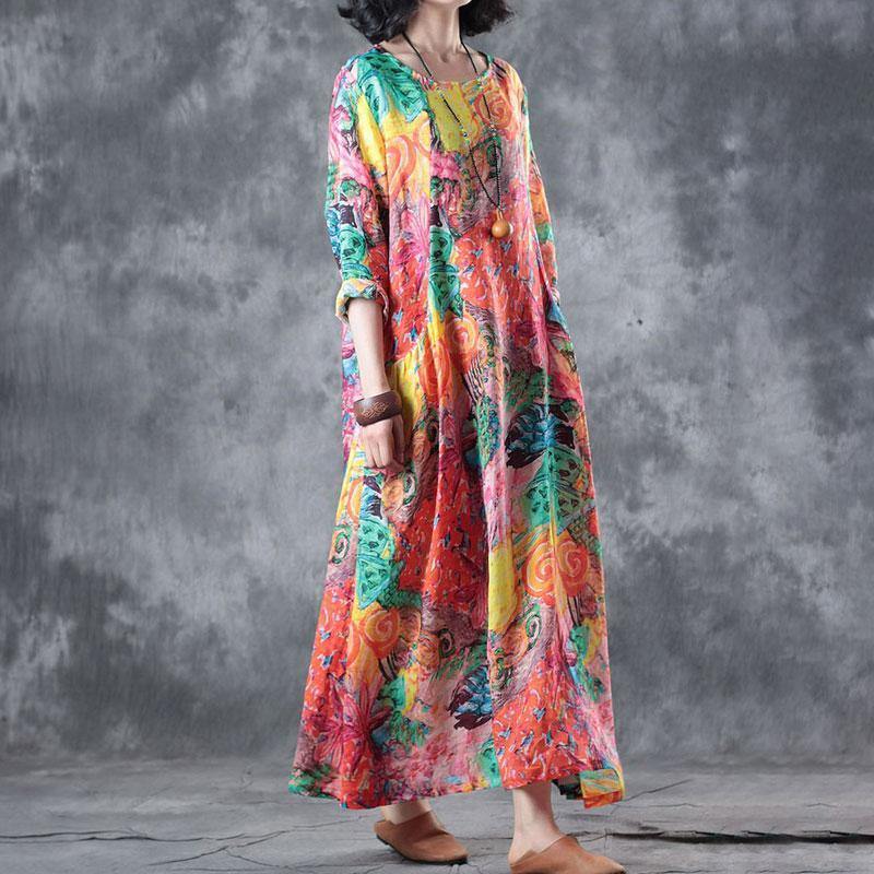 brief linen sundress trendy plus size Women Round Neck Colorful Printed Flax Dress - Omychic