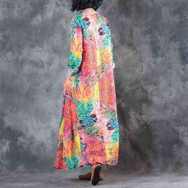brief linen sundress trendy plus size Women Round Neck Colorful Printed Flax Dress - Omychic