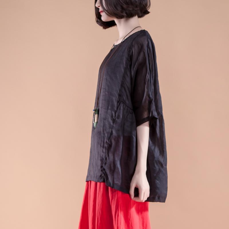 brief linen tops plus size Summer Short Sleeve Pleated High-low Hem Black Women Tops - Omychic