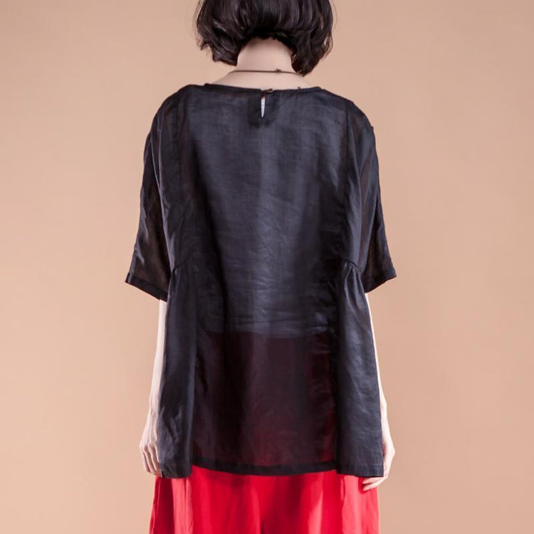 brief linen tops plus size Summer Short Sleeve Pleated High-low Hem Black Women Tops - Omychic