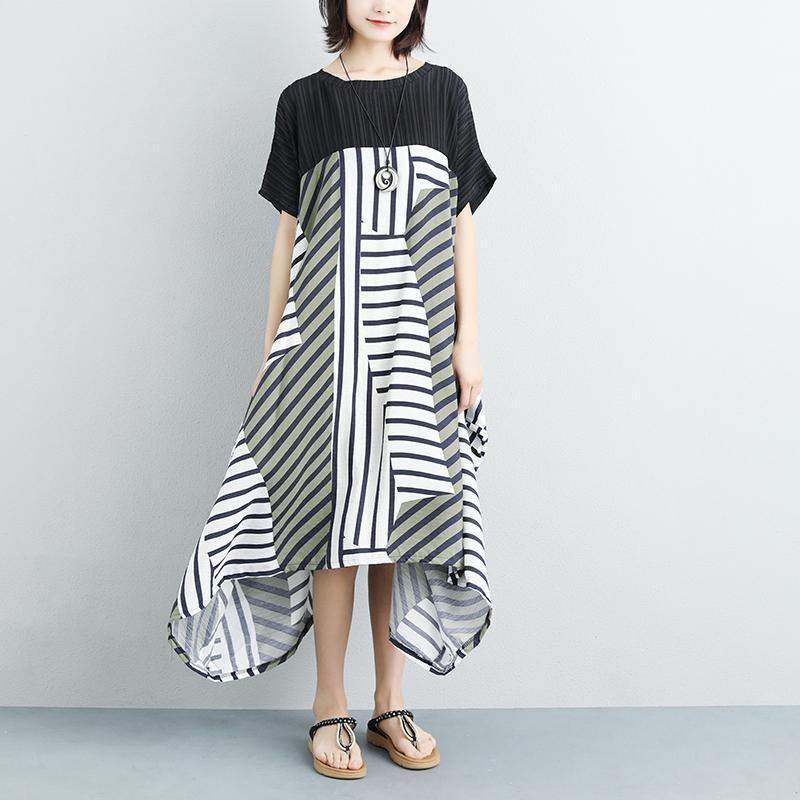 brief natural cotton dress Loose fitting Women Stripe Splicing Loose Short Sleeve Dress - Omychic