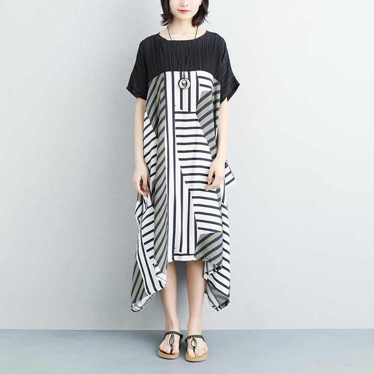 brief natural cotton dress Loose fitting Women Stripe Splicing Loose Short Sleeve Dress - Omychic