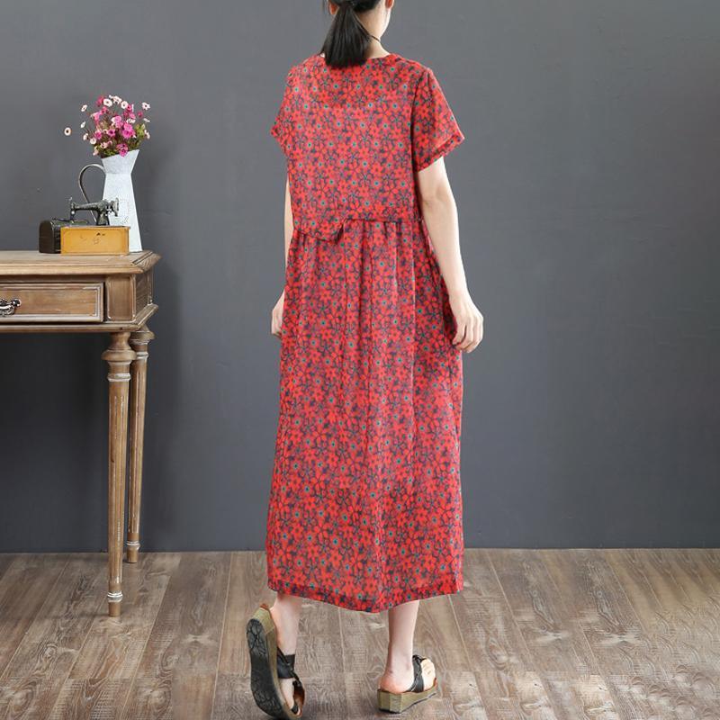 brief natural linen dress oversize Floral Retro Printing Loose Summer Short Sleeve Red Dress - Omychic