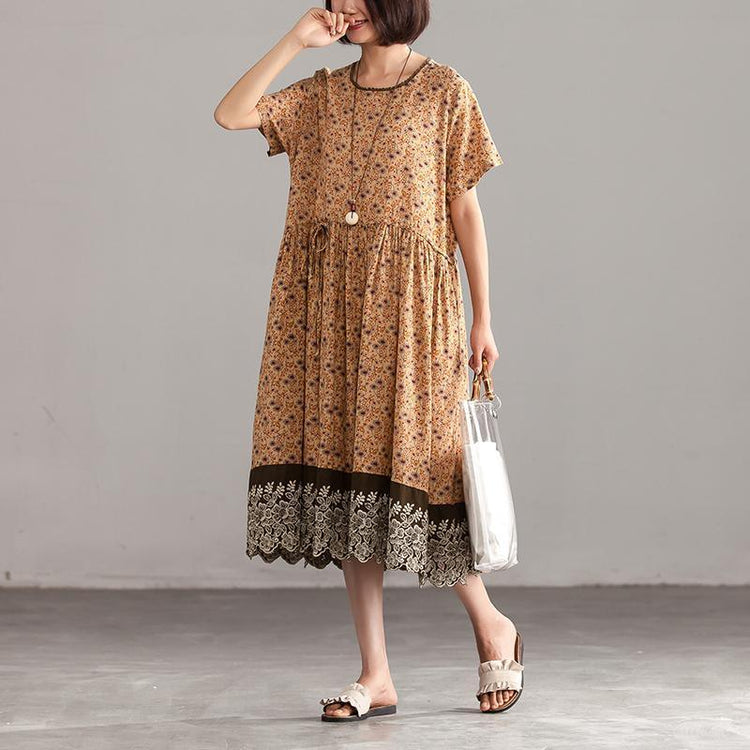 brief natural linen dress oversize Floral Summer Casual Linen Round Neck Khaki Dress - Omychic