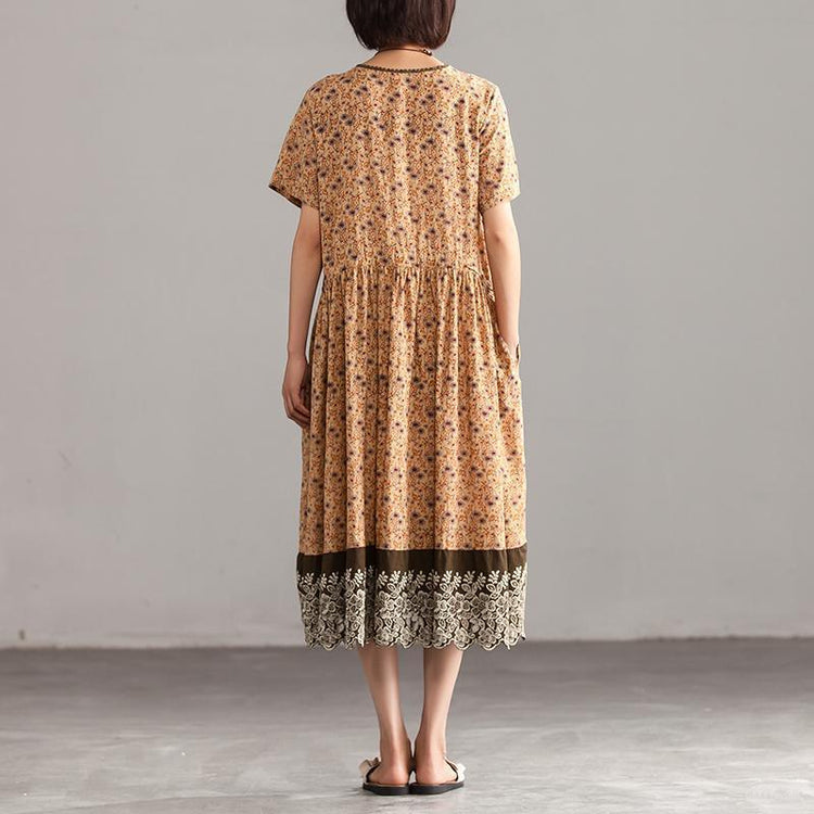 brief natural linen dress oversize Floral Summer Casual Linen Round Neck Khaki Dress - Omychic