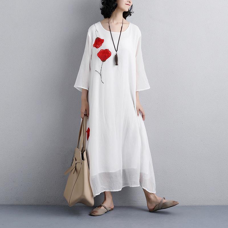 Brief Natural Silk Blended Dress Oversized Women Flower Embroidery Three Quarter Sleeve White Dress ( Limited Stock) - Omychic