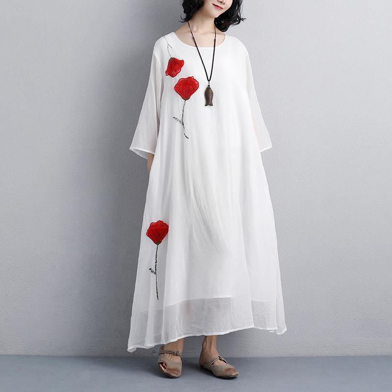 Brief Natural Silk Blended Dress Oversized Women Flower Embroidery Three Quarter Sleeve White Dress ( Limited Stock) - Omychic