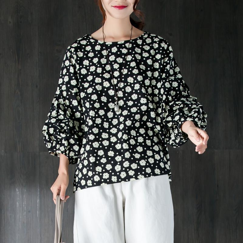 brief pure cotton blouse plus size clothing Women Casual Long Sleeve Flower Black Tops - Omychic