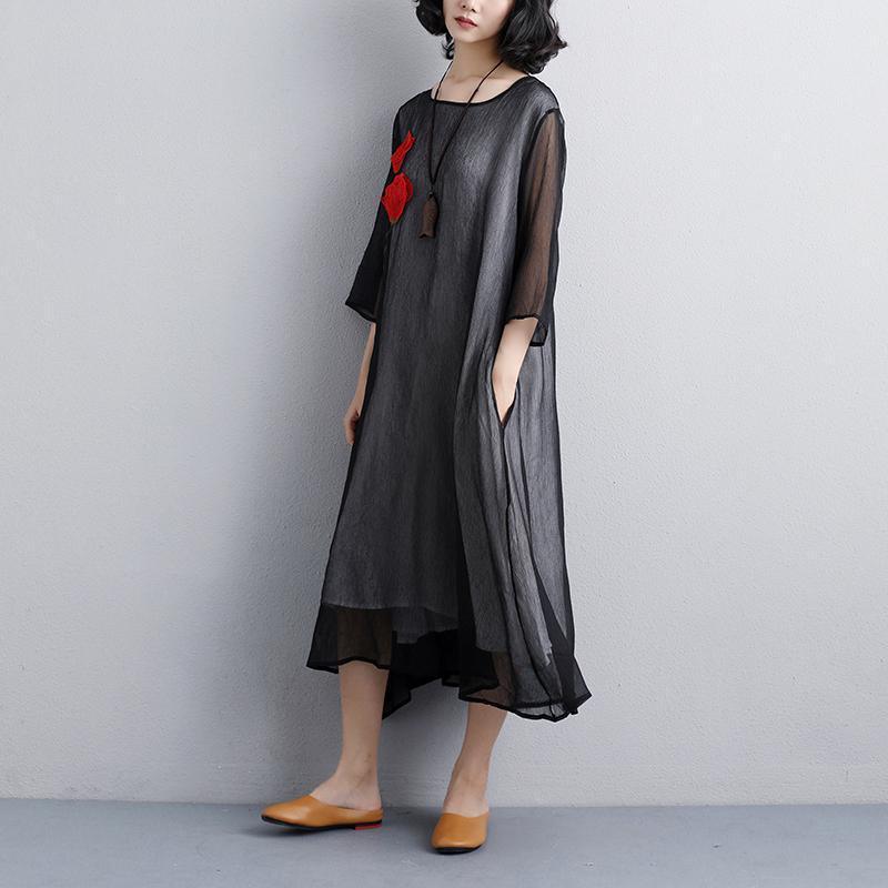 brief silk blended summer dress trendy plus size Women Flower Embroidery Three Quarter Sleeve Black Dress - Omychic