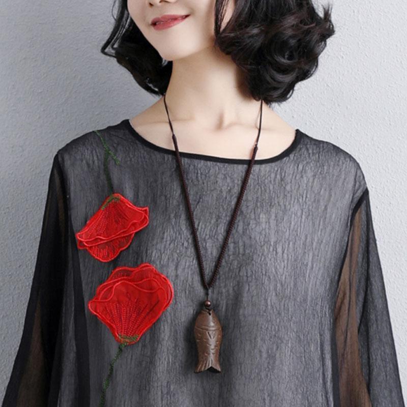 brief silk blended summer dress trendy plus size Women Flower Embroidery Three Quarter Sleeve Black Dress - Omychic