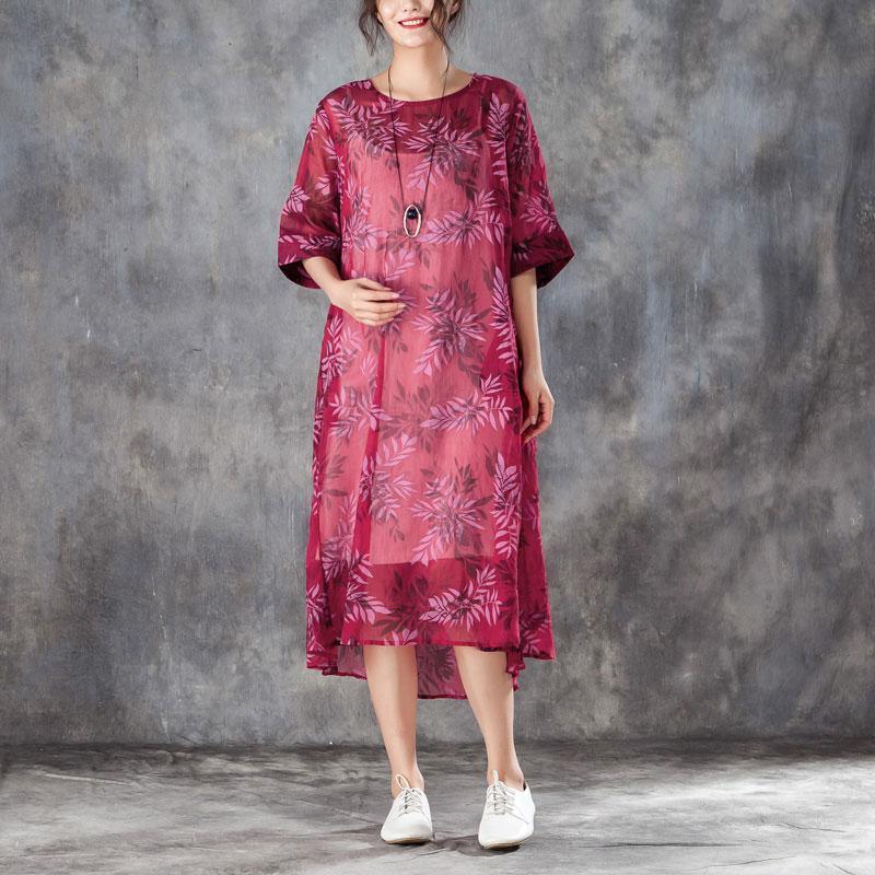 brief silk linen dresses trendy plus size Women Round Neck Half Sleeve Printed Red Dress - Omychic