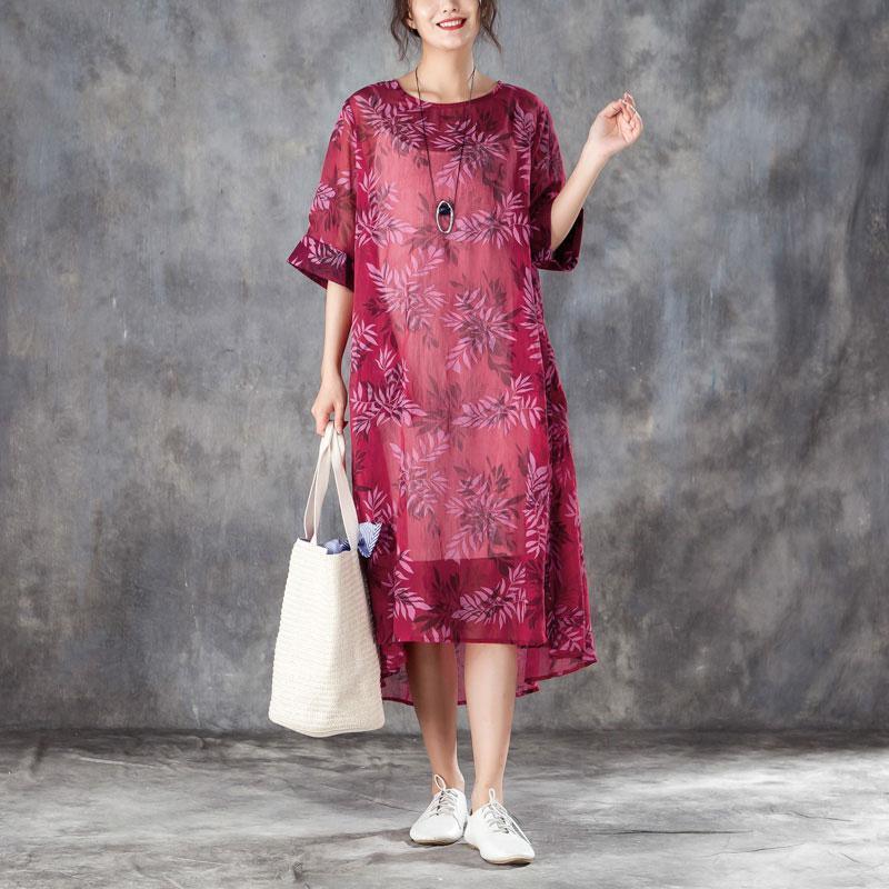 brief silk linen dresses trendy plus size Women Round Neck Half Sleeve Printed Red Dress - Omychic