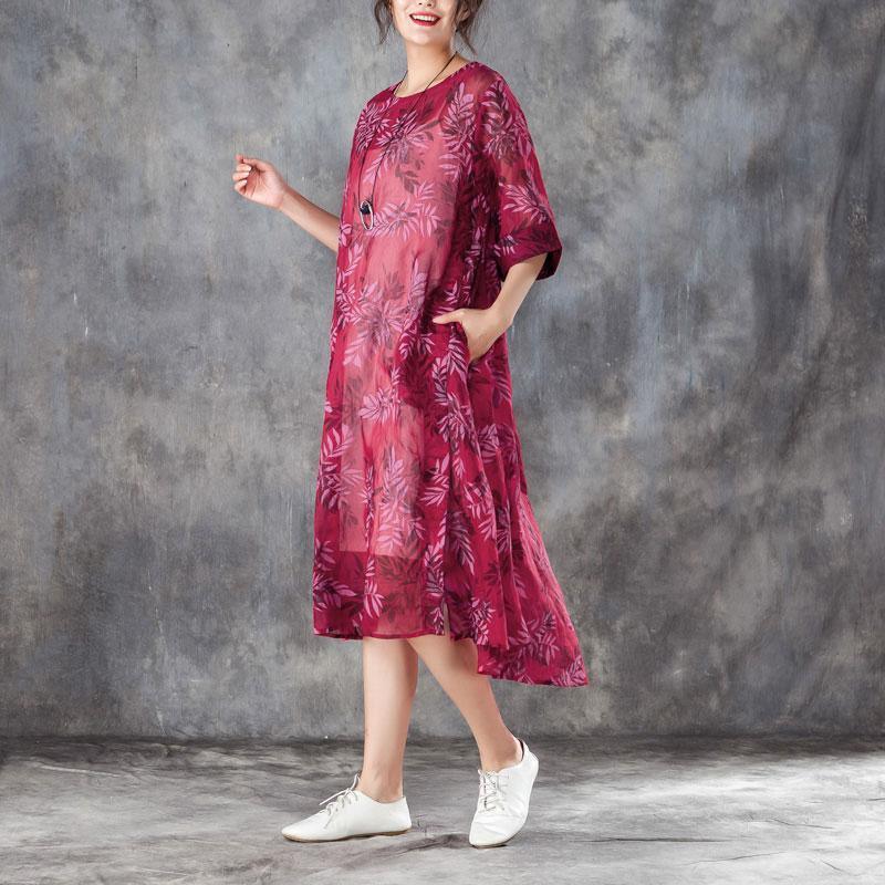 brief silk linen dresses trendy plus size Women Round Neck Half Sleeve Printed Red Dress - Omychic