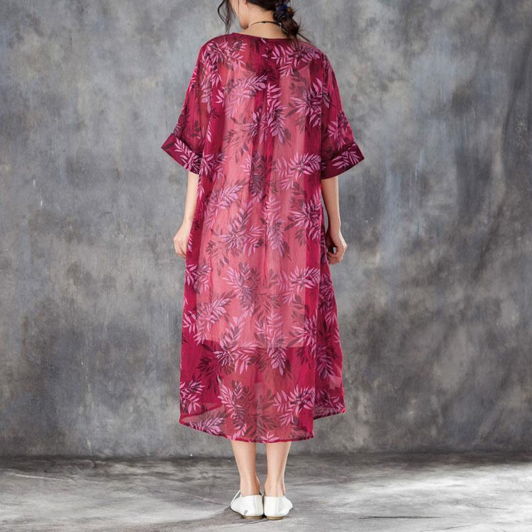 brief silk linen dresses trendy plus size Women Round Neck Half Sleeve Printed Red Dress - Omychic