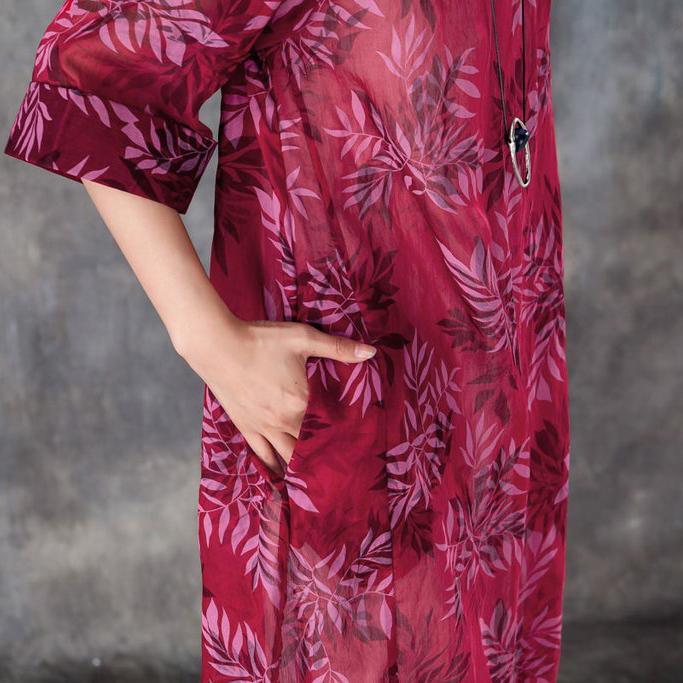 brief silk linen dresses trendy plus size Women Round Neck Half Sleeve Printed Red Dress - Omychic
