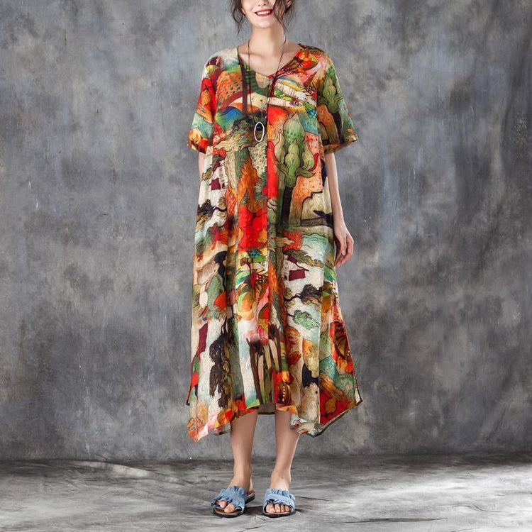 brief silk linen summer dress plus size clothing Women Colorful Printed Side Split Dress with Double Pockets - Omychic