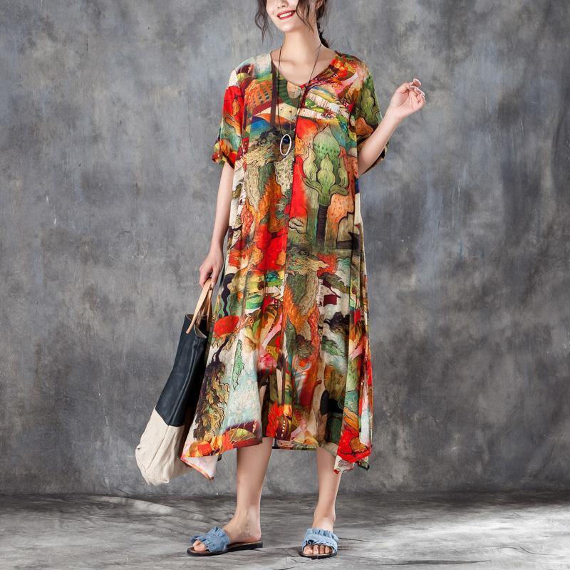 brief silk linen summer dress plus size clothing Women Colorful Printed Side Split Dress with Double Pockets - Omychic