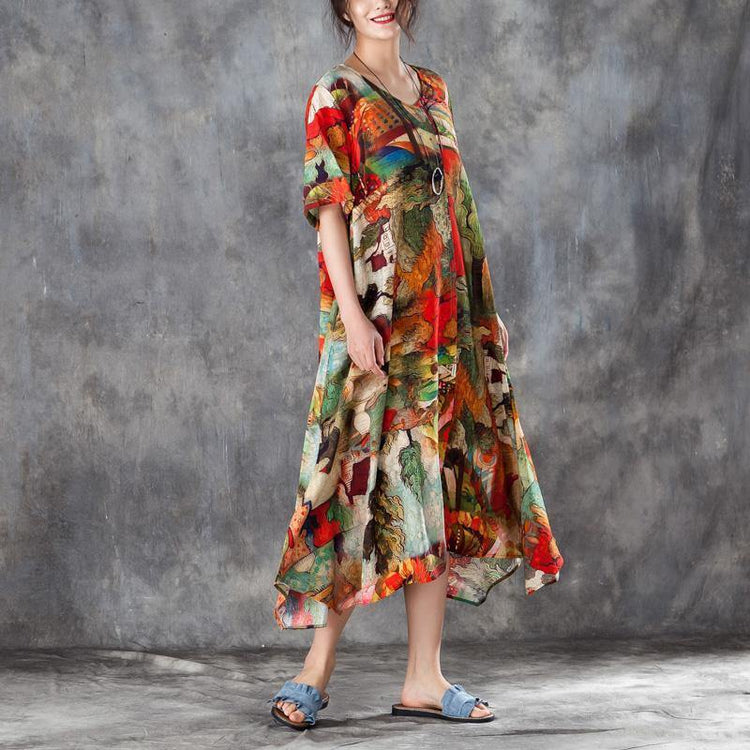 brief silk linen summer dress plus size clothing Women Colorful Printed Side Split Dress with Double Pockets - Omychic