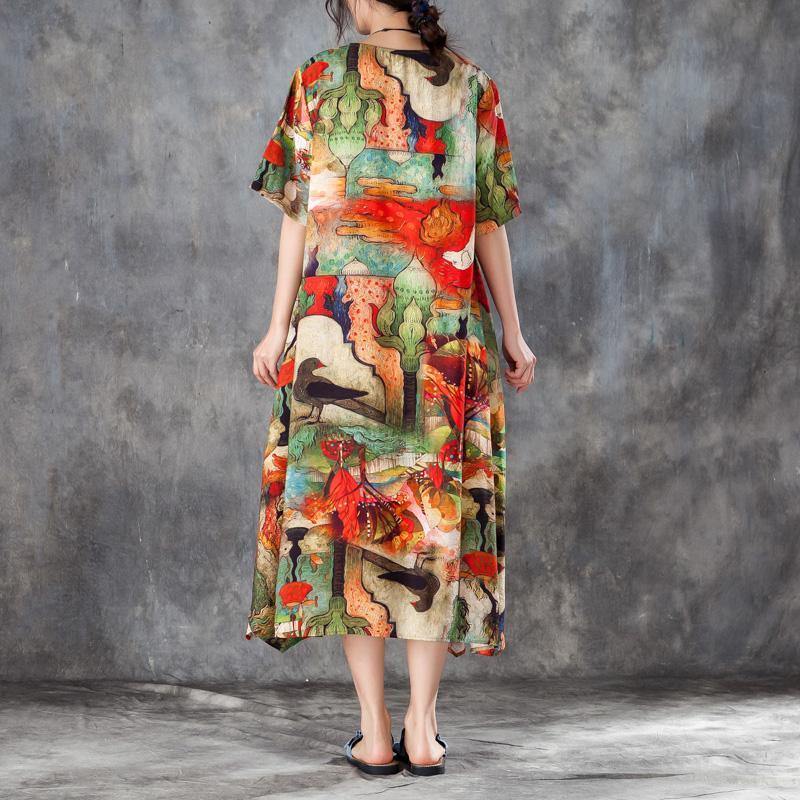 brief silk linen summer dress plus size clothing Women Colorful Printed Side Split Dress with Double Pockets - Omychic