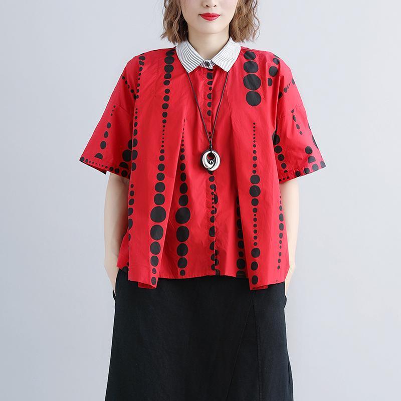 brief summer cotton tops oversize Women Polo Neck Casual Summer Short Sleeve Dots Red Blouse - Omychic