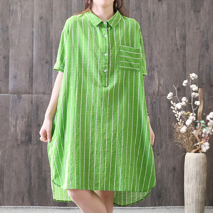 brief summer dress trendy plus size Stripe Green Summer Loose Polo Neck High low Hem Dress - Omychic