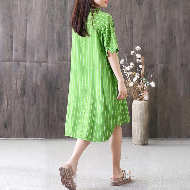 brief summer dress trendy plus size Stripe Green Summer Loose Polo Neck High low Hem Dress - Omychic