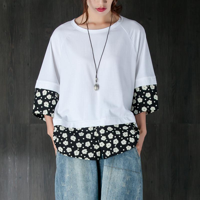 brief summer t shirt plus size Women Casual Summer Fake Two-piece Flower White Tops - Omychic
