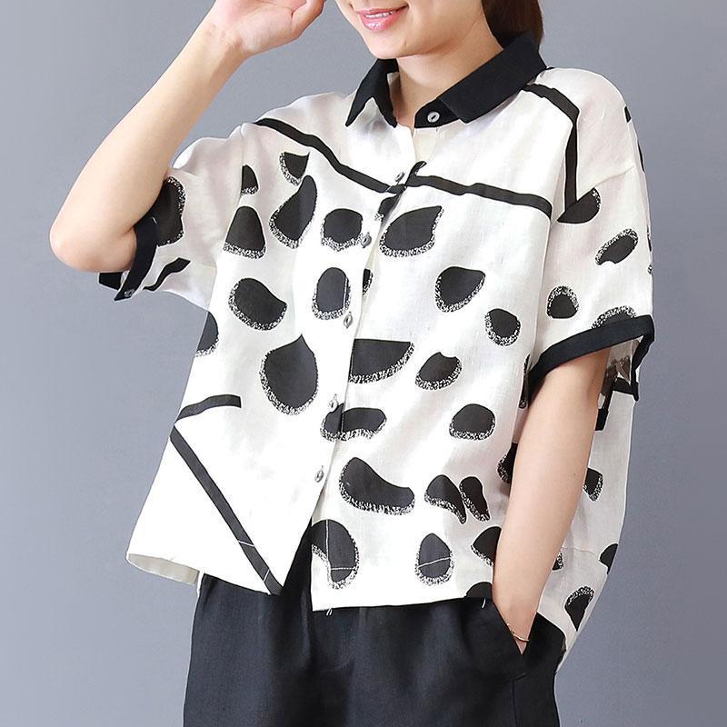 brief summer t shirt plus size clothing Summer Dots Short Sleeve polo Neck Loose White Blouse - Omychic