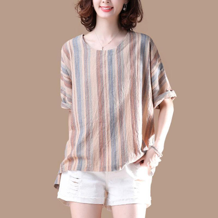 brief cotton blouses plus size clothing Irregular Stripe Short Sleeve Women Summer T-shirt - Omychic