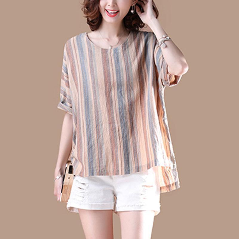 brief cotton blouses plus size clothing Irregular Stripe Short Sleeve Women Summer T-shirt - Omychic